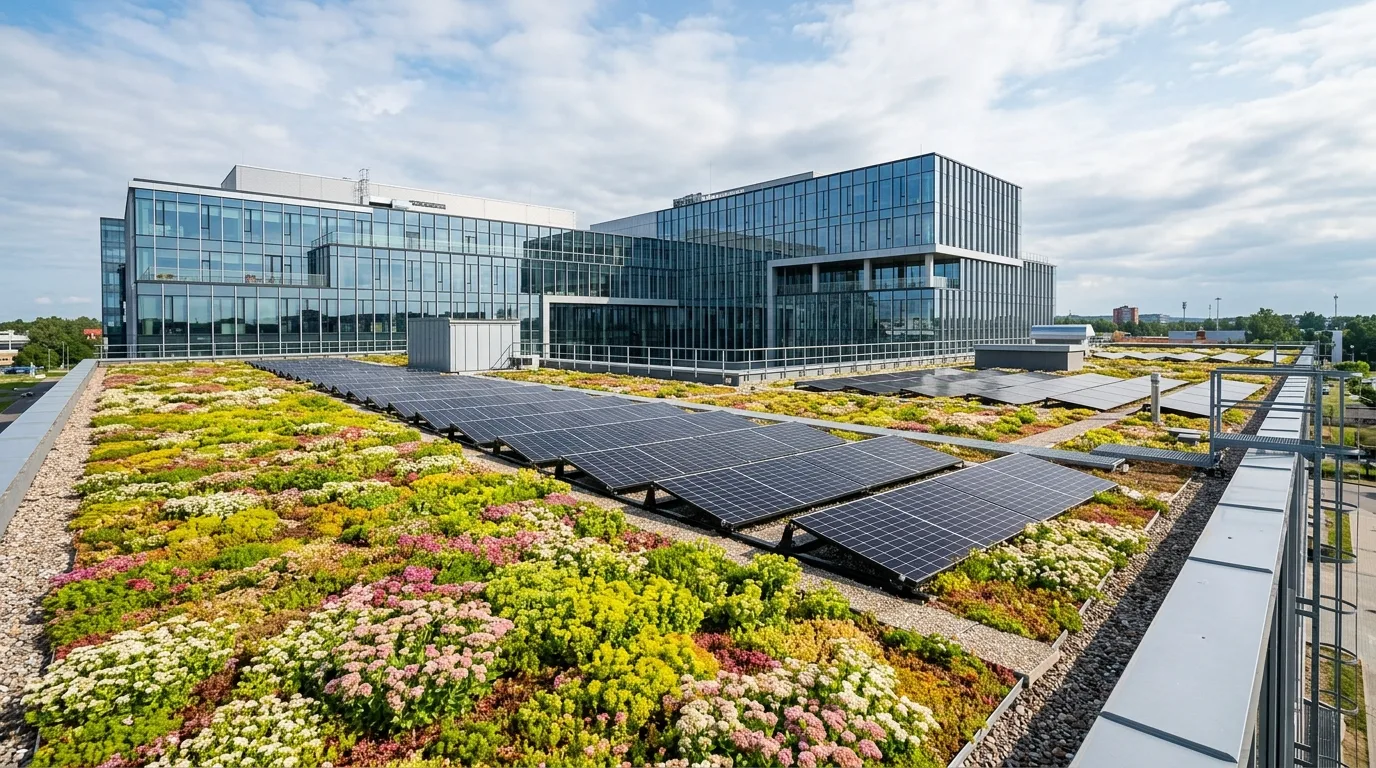 Biosolar hübriidsüsteem päikesepaneelide ja õitsva haljaskatusega Ülemiste Citys Tallinnas