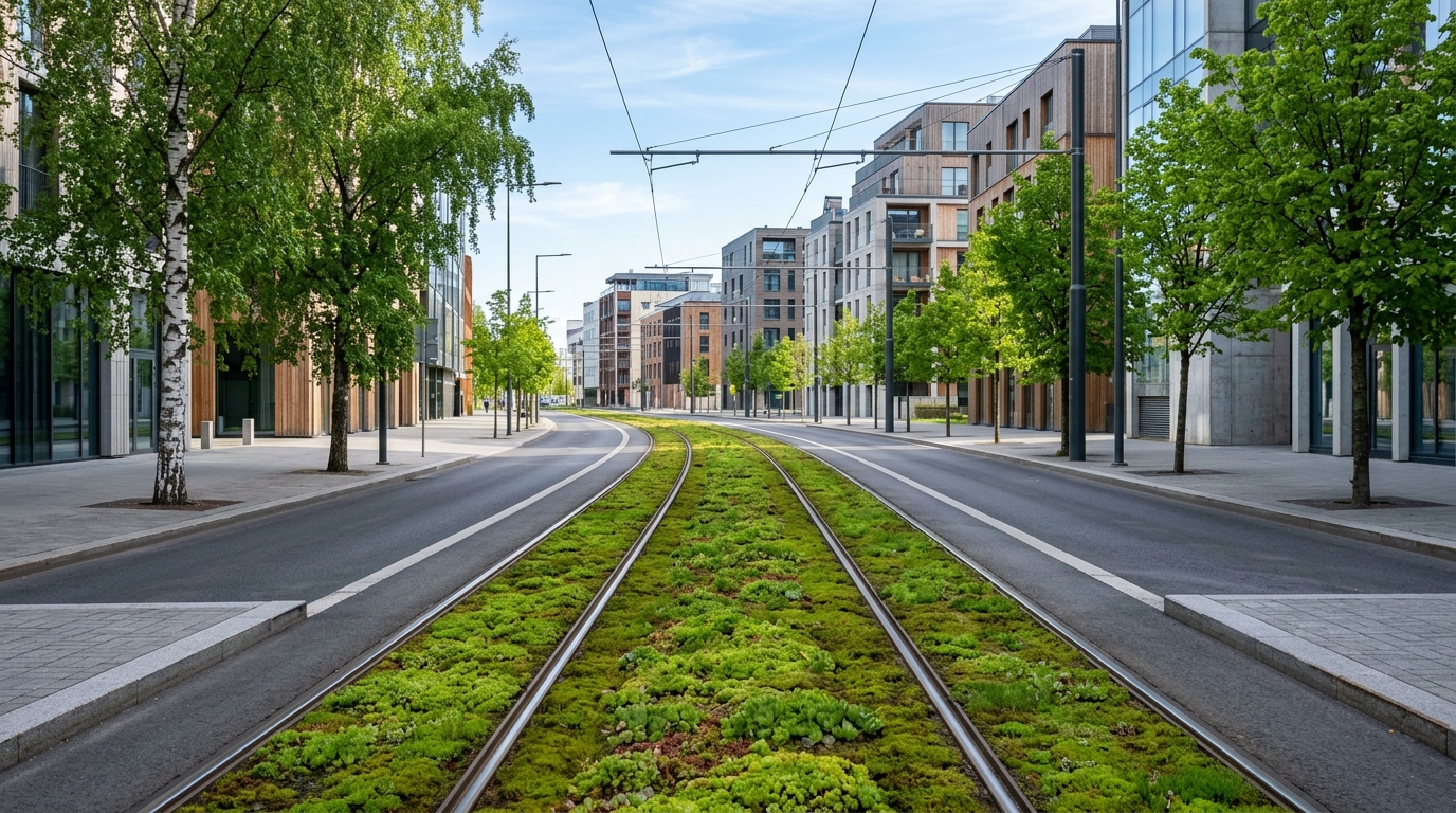 Roheinfrastruktuur ja sedumiga kaetud trammitee Euroopa linnaruumis
