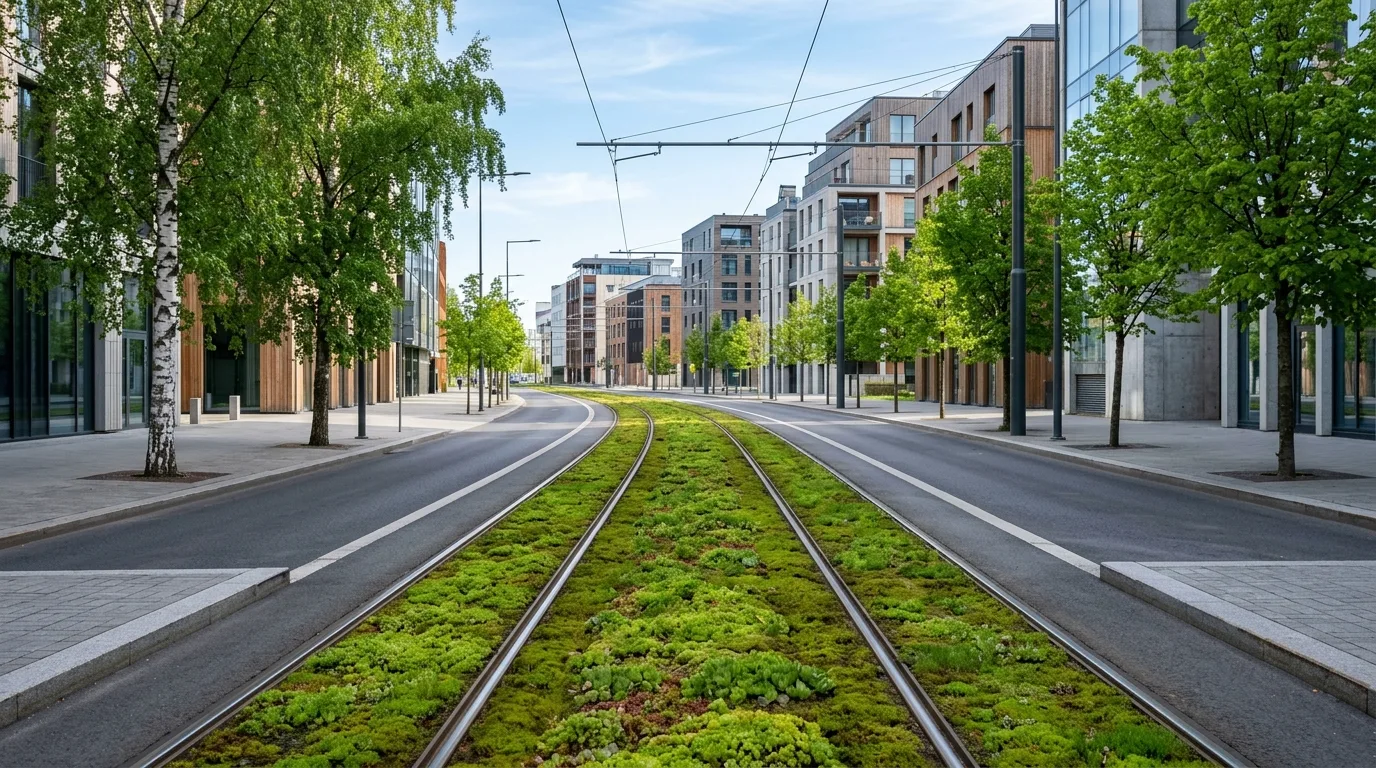 Roheinfrastruktuur ja sedumiga kaetud trammitee Euroopa linnaruumis